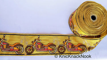 Beige Fabric trim with Embroidered Motor Bikes - Brown, Orange, Light Gold & Pink